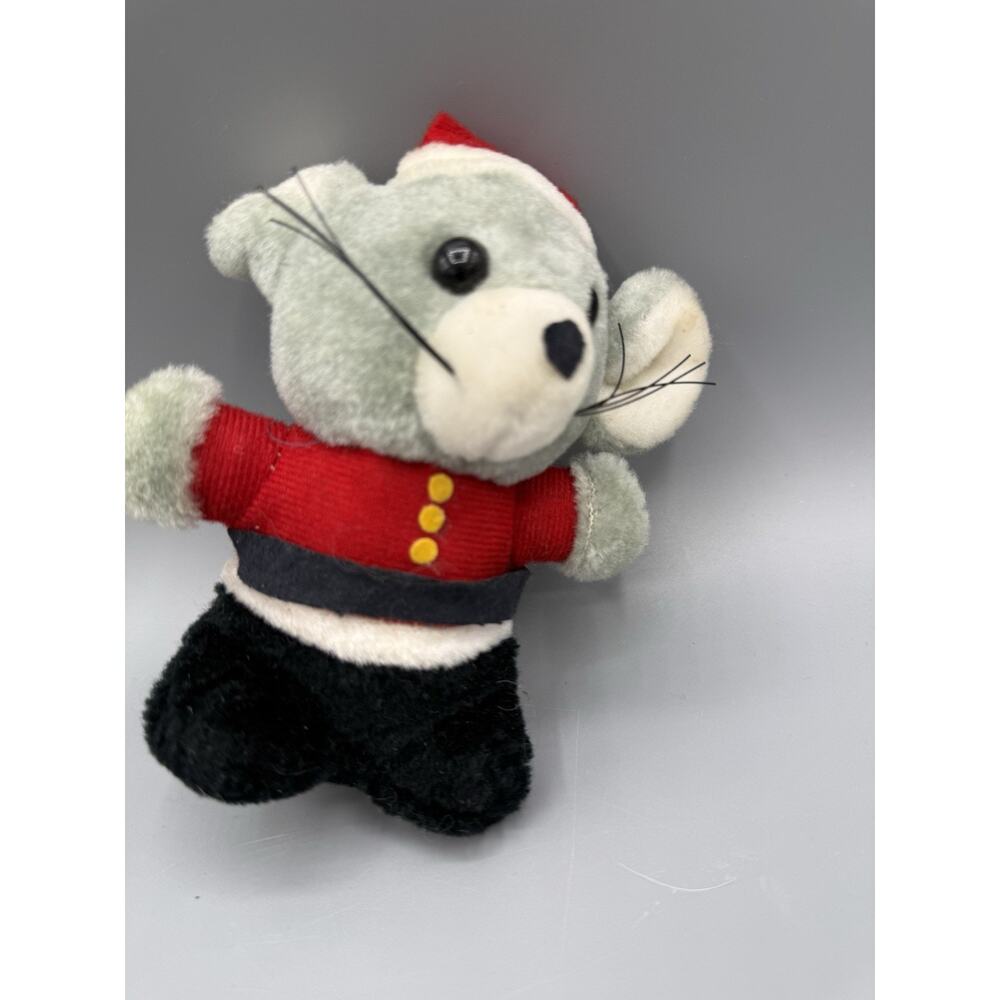 Vintage Flocked Christmas Mouse Plush Santa Suit Small Stuffed Toy 5”